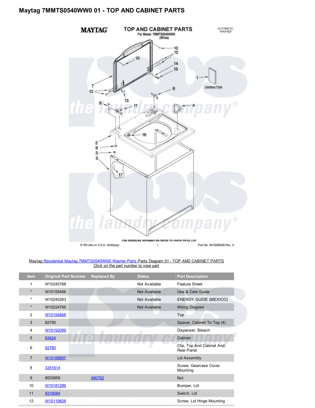 Maytag 7MMTS0540WW0 Parts Diagram