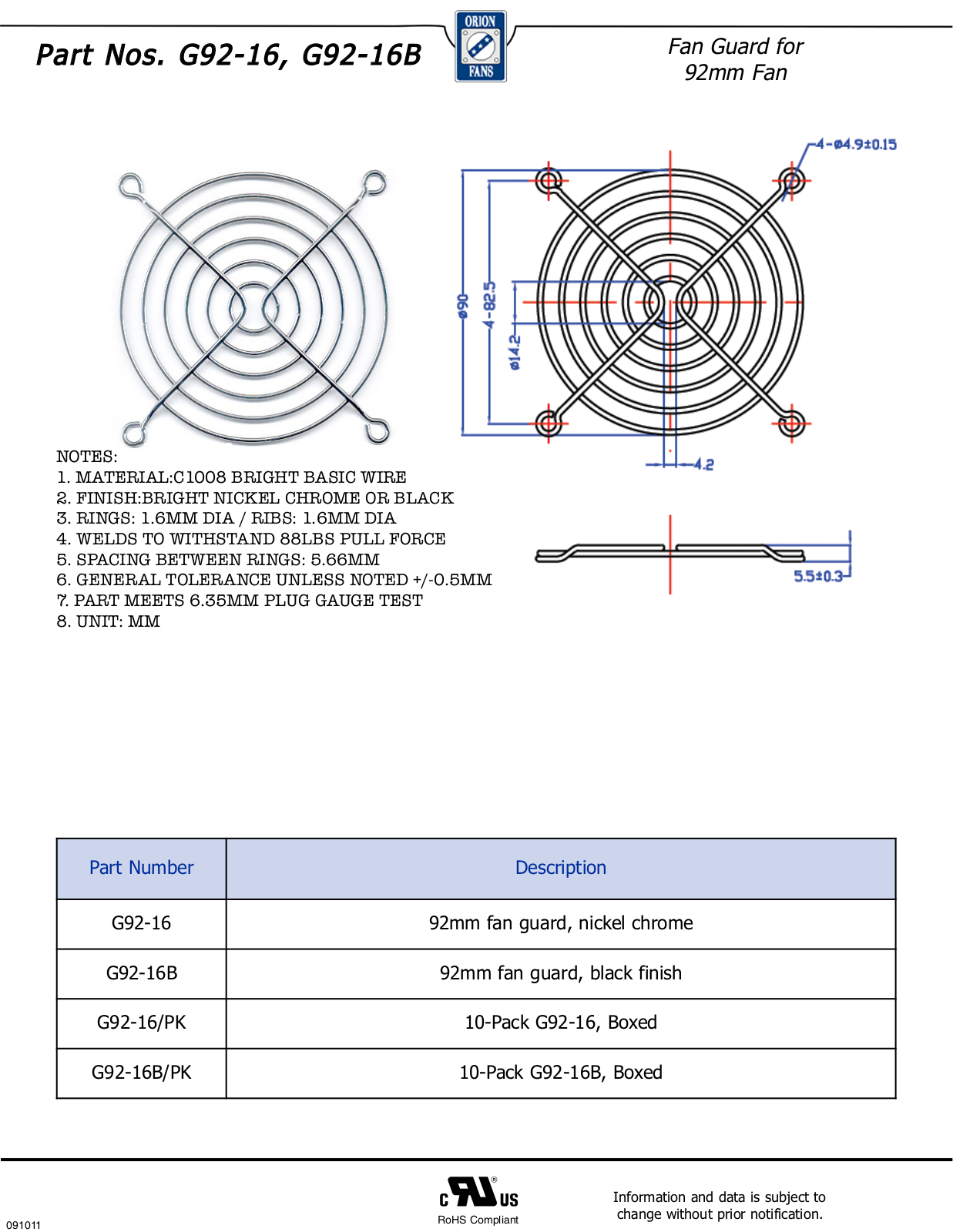 Orion G92-16, G92-16B Data Sheet