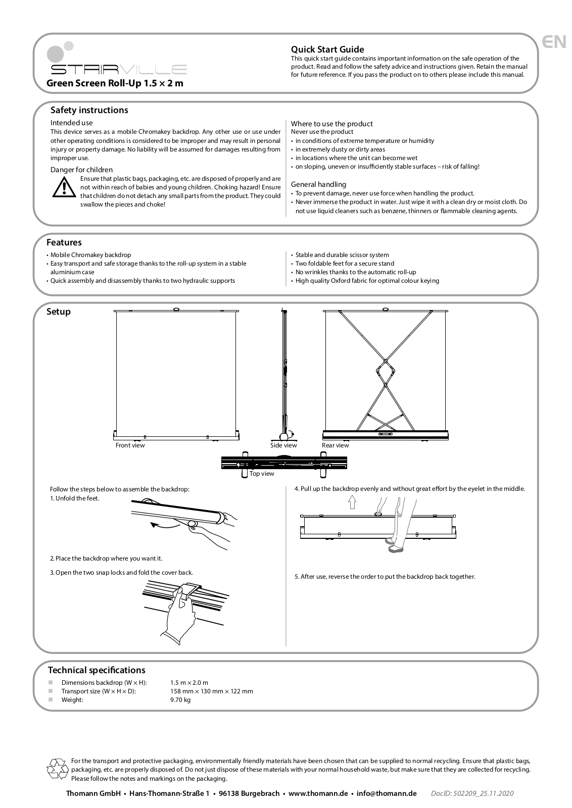 Thomann Green Screen Roll-Up Quick Start Guide