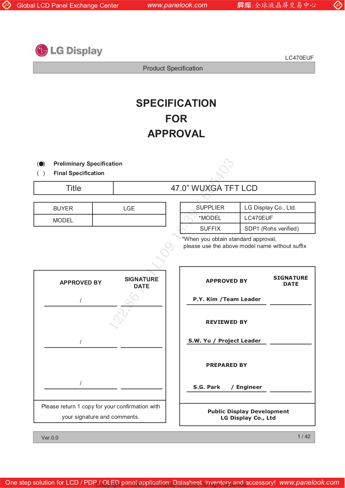 LG Display LC470EUF-SDP1 Specification