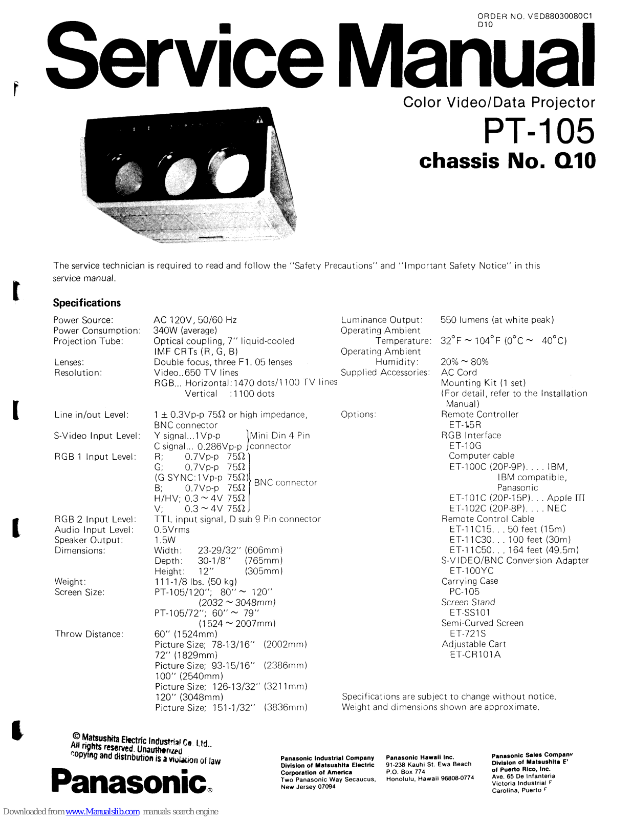 Panasonic PT-105 Service Manual