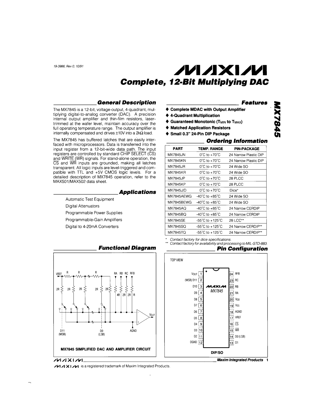 Maxim MX7845KN, MX7845KP, MX7845KR, MX7845SE, MX7845SQ Datasheet