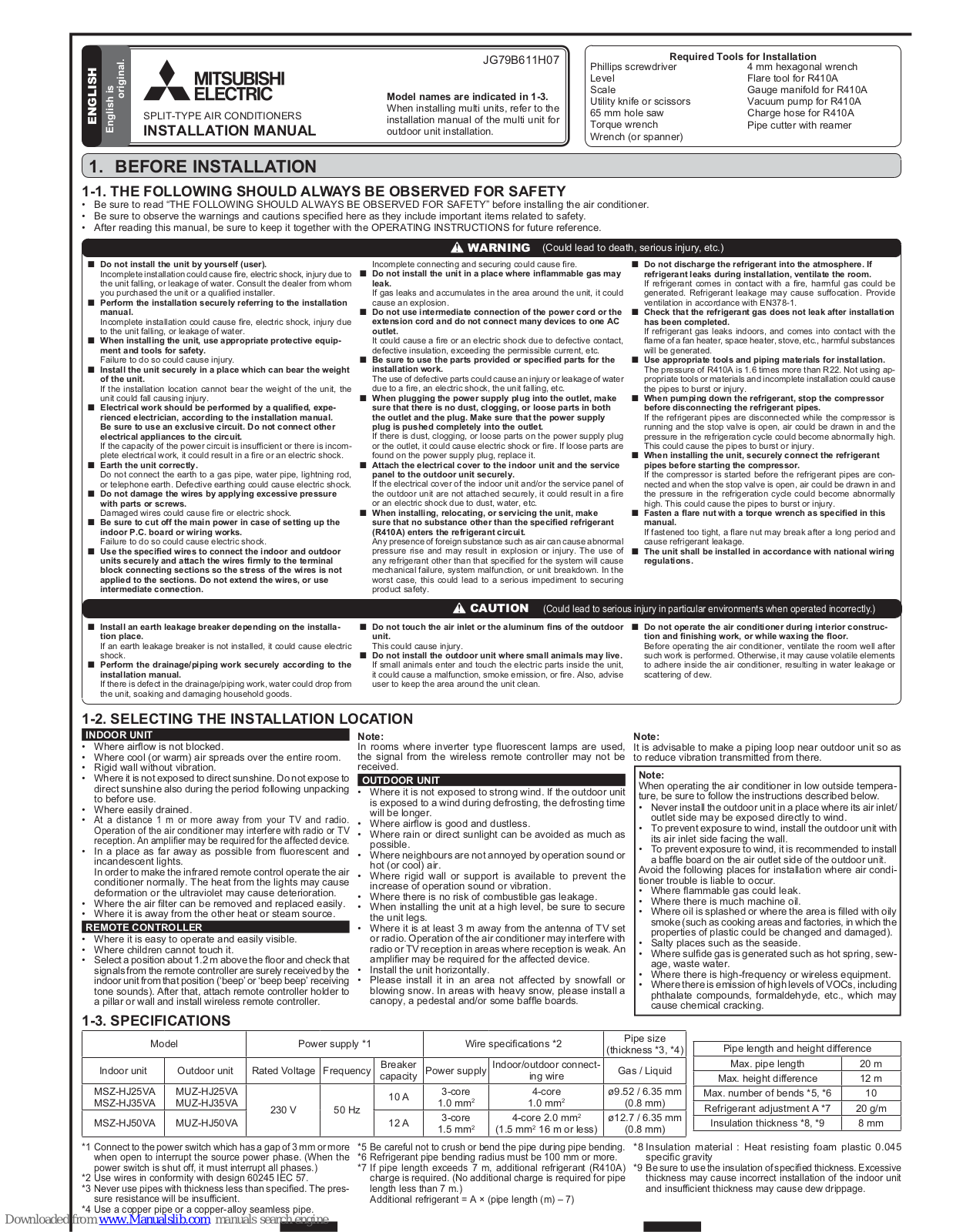 Mitsubishi Electric MSZ-HJ25A, MSZ-HJ35A, MSZ-HJ25VA, MSZ-HJ35VA, MSZ-HJ50VA Installation Manual