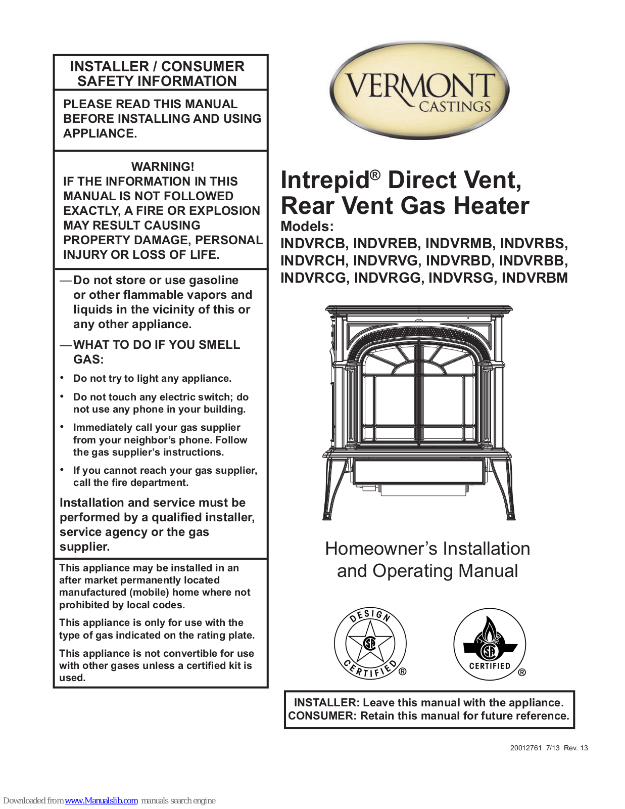 Vermont Castings Intrepid INDVRVG, IntrepidINDVRCH, Intrepid INDVRBD, Intrepid INDVRBB, Intrepid INDVRCG Homeowner's Installation And Operating Manual