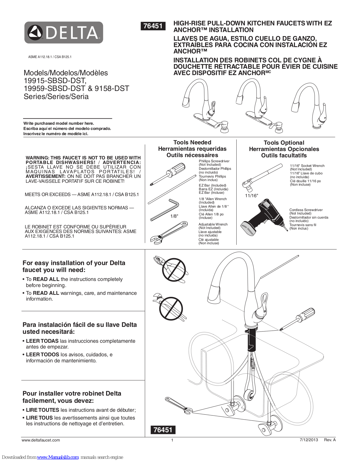 Delta 19915-SBSD-DST Series, 9158-DST Series, 19959-SBSD-DST Series Installation Manual