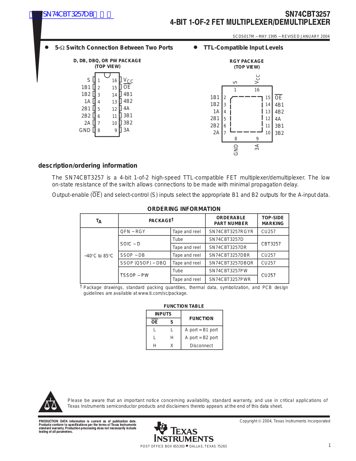 TEXAS INSTRUMENTS SN74CBT3257 Technical data