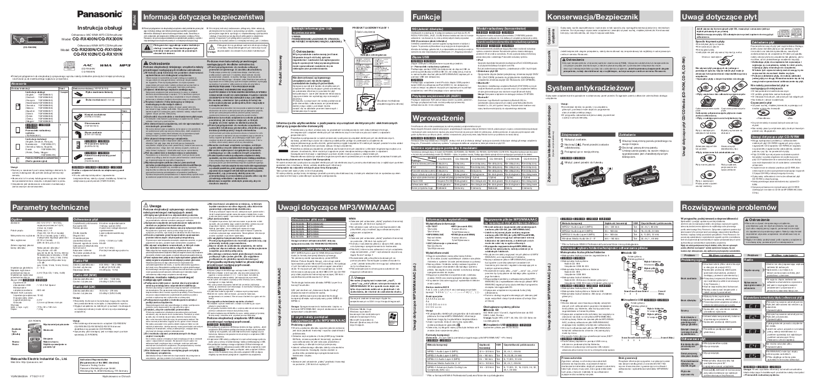 Panasonic CQ-RX103N, CQ-RX102N, CQ-RX101N, CQ-RX400N, CQ-RX300N User Manual