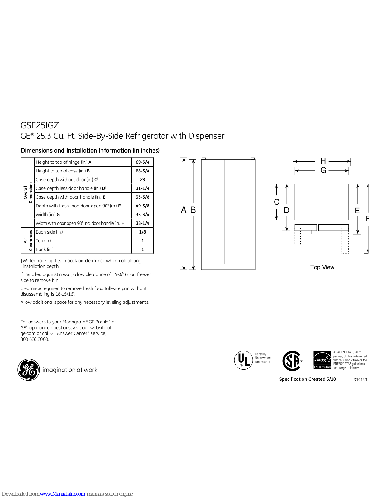 GE GSF25IGZ, GSH25IGZWW, GSH25IGZBB Dimensions And Installation Information