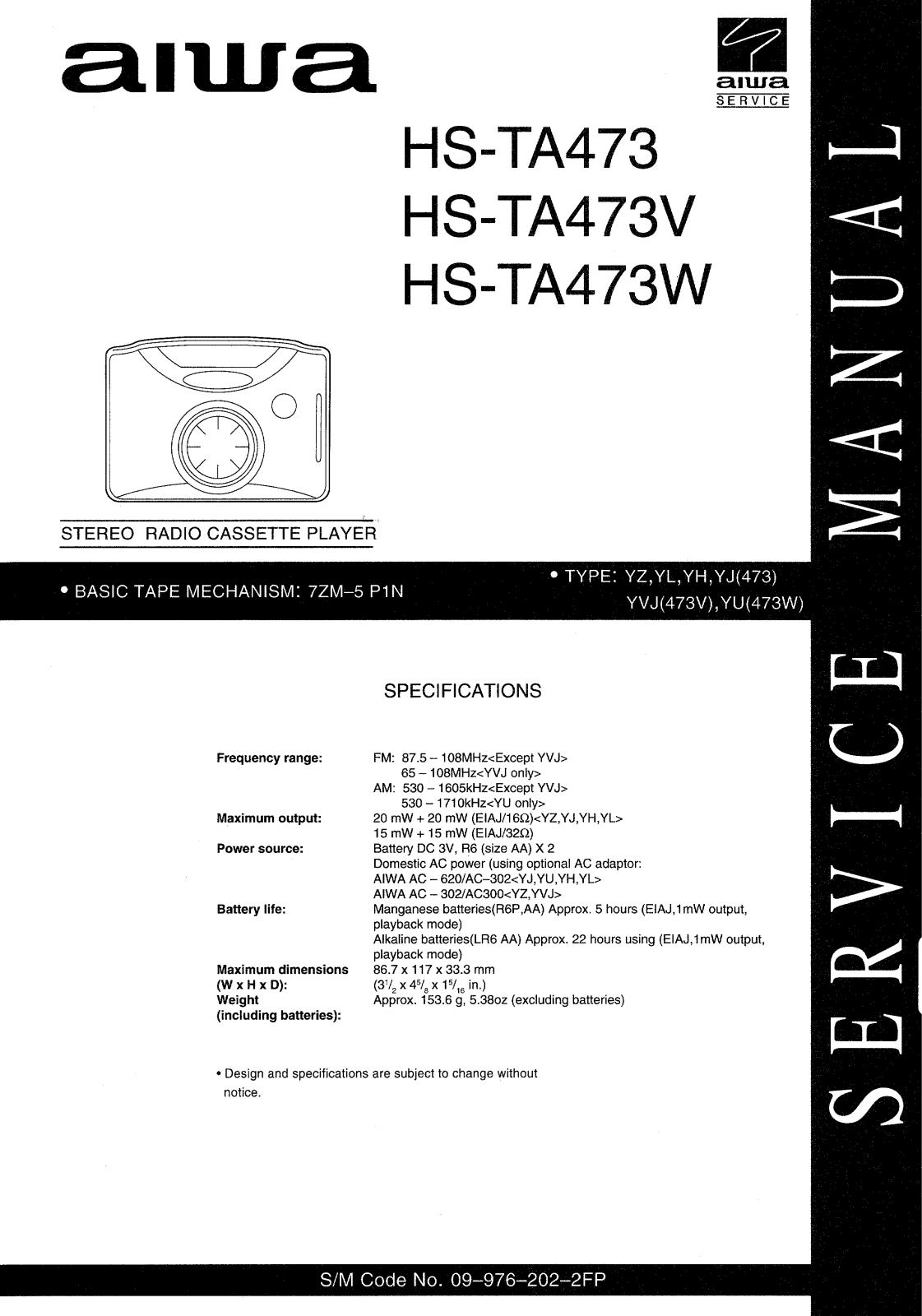 aiwa hs-ta473, hs-ta473v, hs-ta473w Service Manual