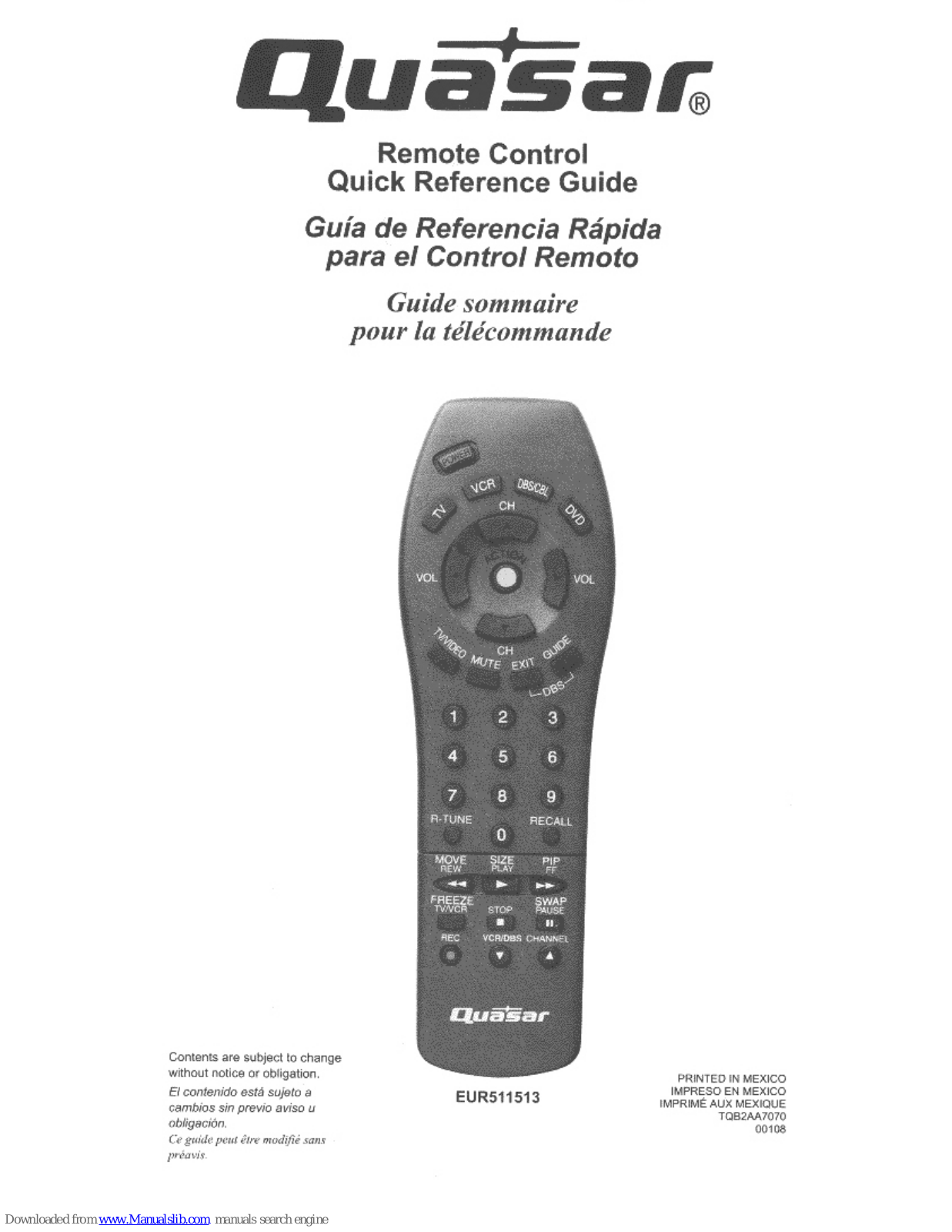 Quasar EUR511513 Quick Reference Manual