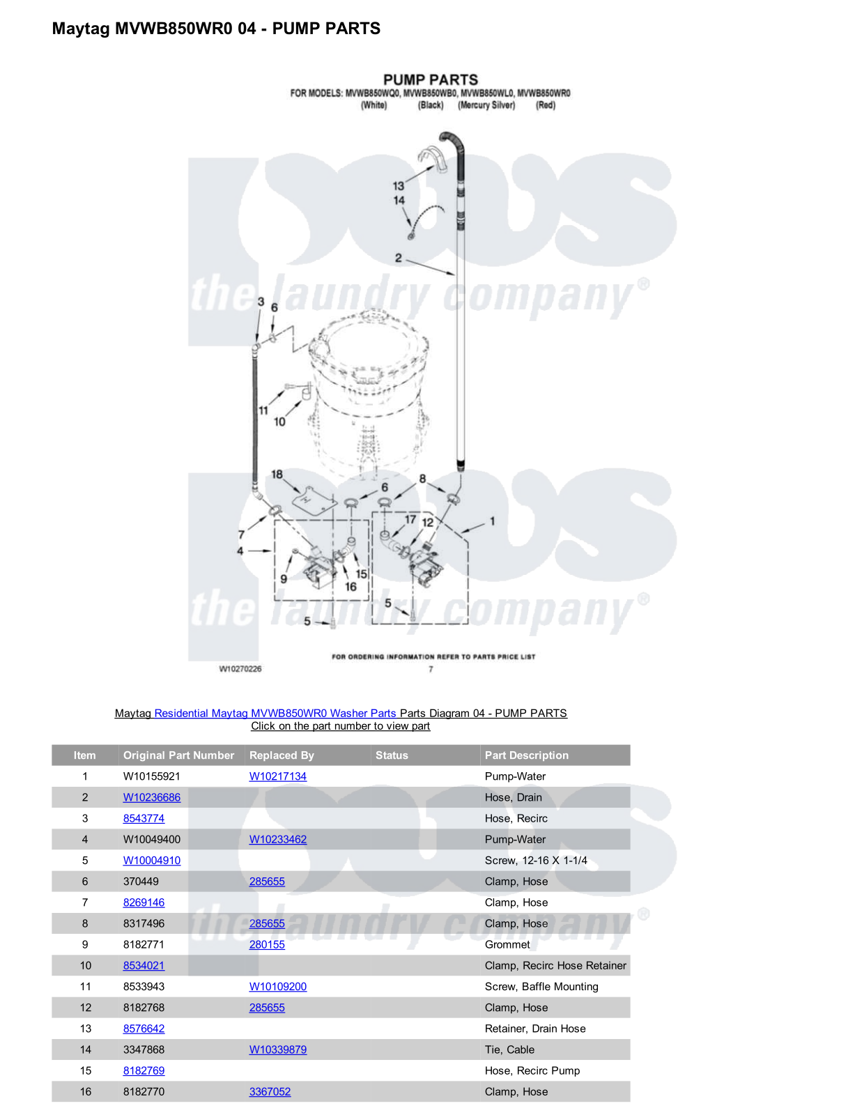 Maytag MVWB850WR0 Parts Diagram