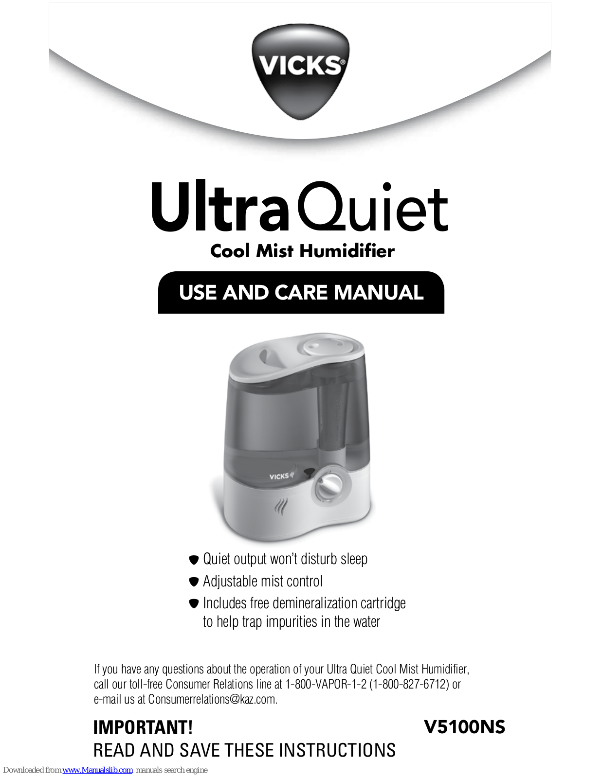 Vicks UltraQuiet V5100NS Use And Care Manual