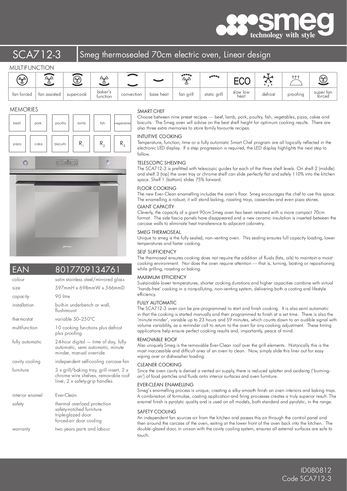 Smeg SCA712-3 Specifications Sheet