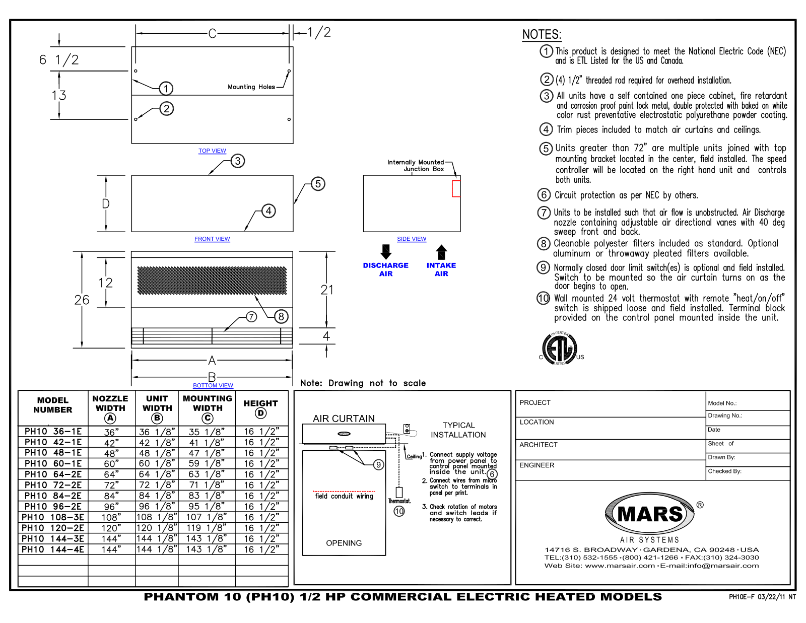 Mars Air PH10 108-3E User Manual