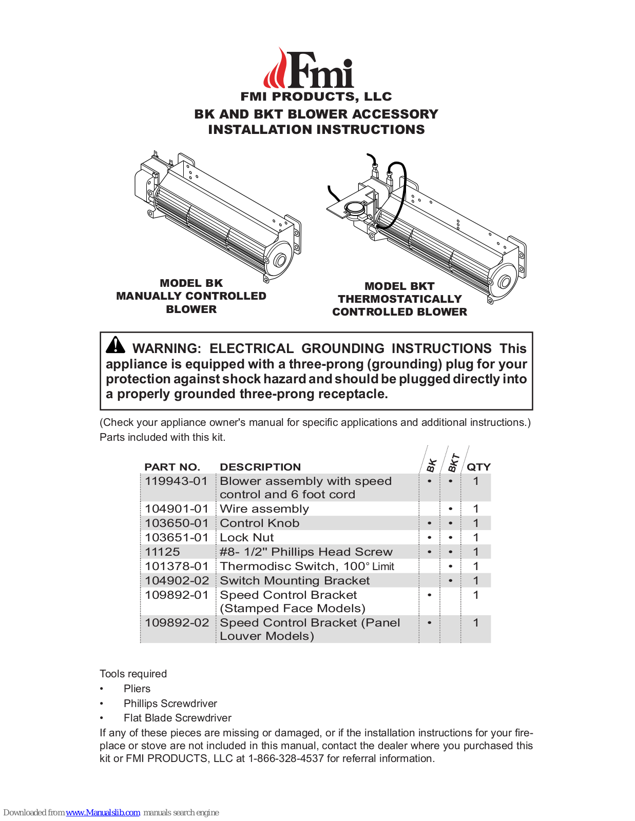 FMI BKT, BK Installation Instructions And Owner's Manuals