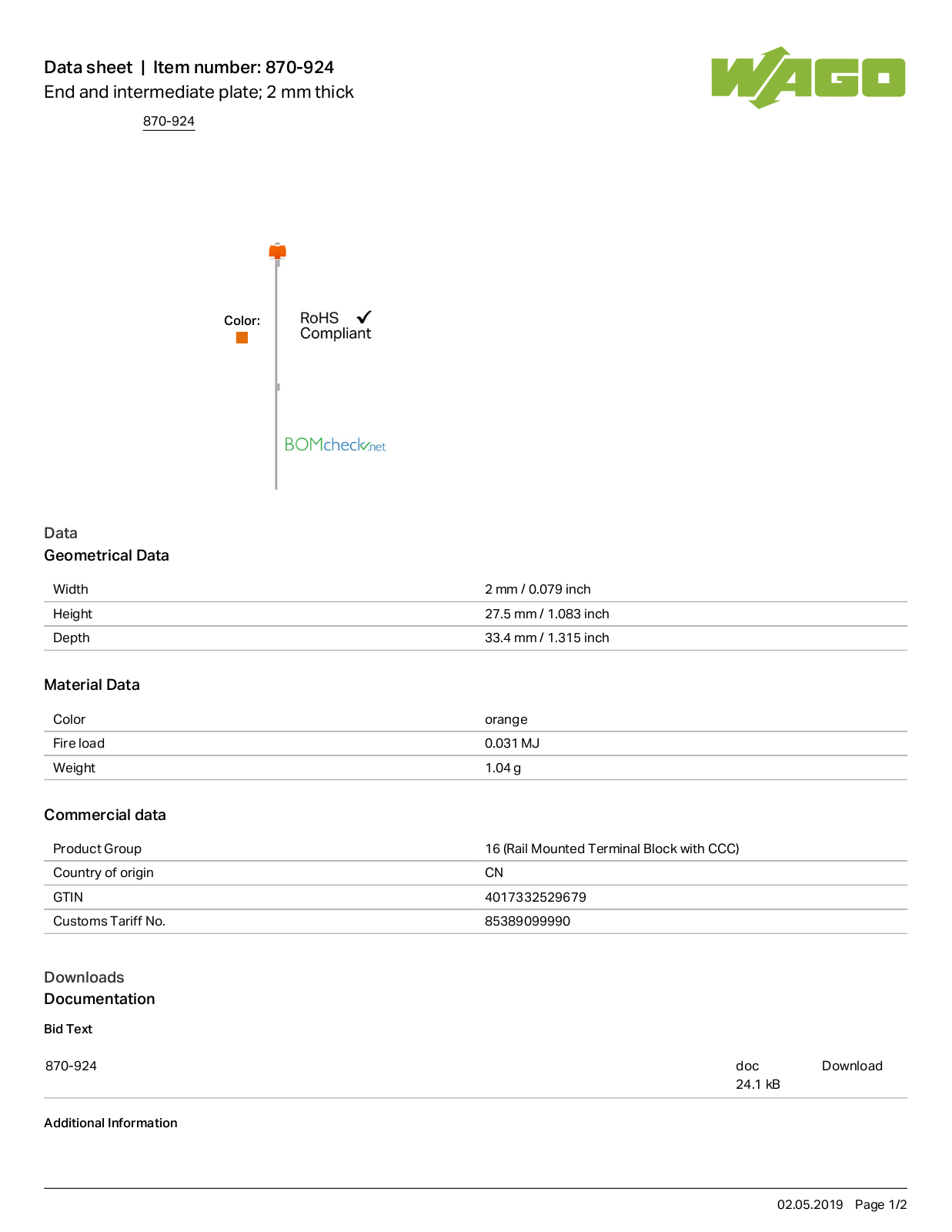 Wago 870-924 Data Sheet