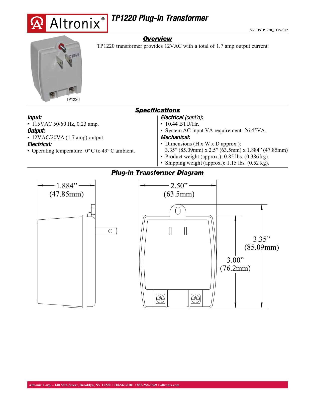 Altronix TP1220 Specsheet