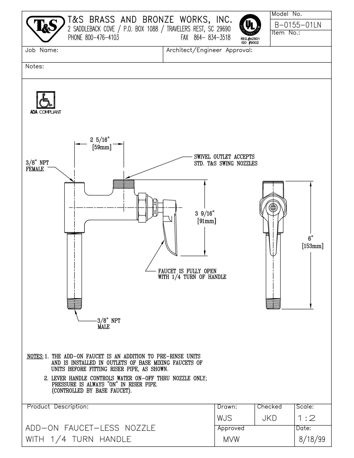 T & S Brass & Bronze Works B-0155-01LN General Manual