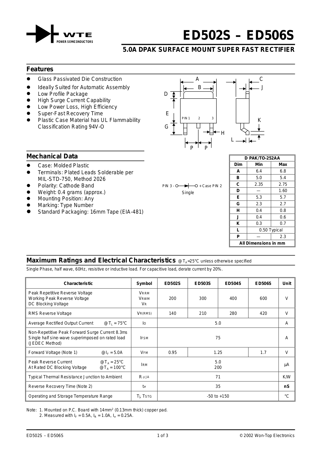 WTE ED506S-T3, ED503S-T3, ED502S-T3, ED504S-T3 Datasheet