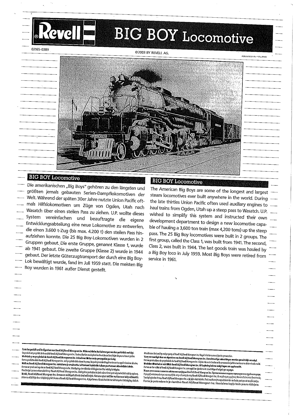 REVELL Big Boy Locomotive User Manual