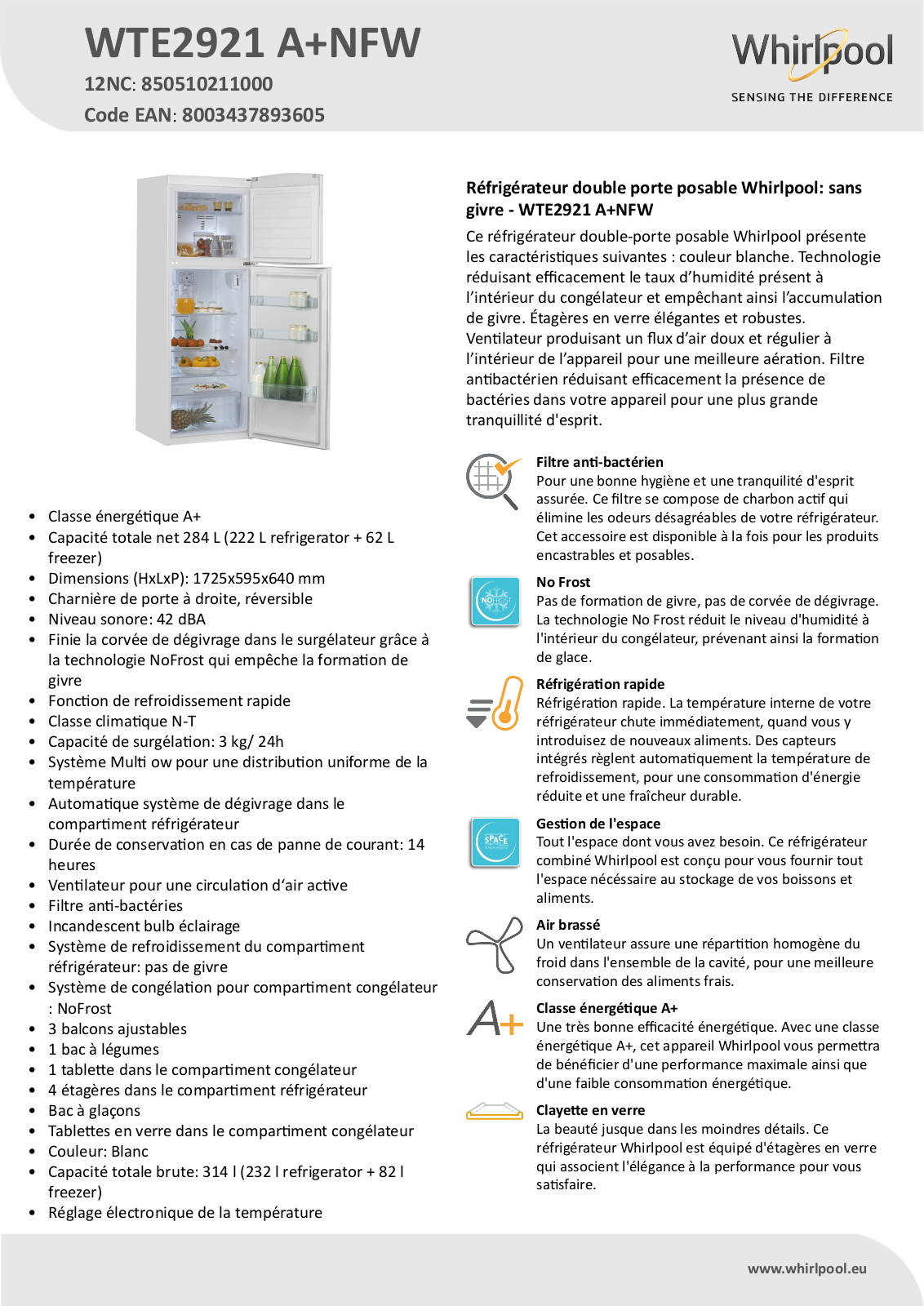 Whirlpool WTE2921 A+NFW Product information