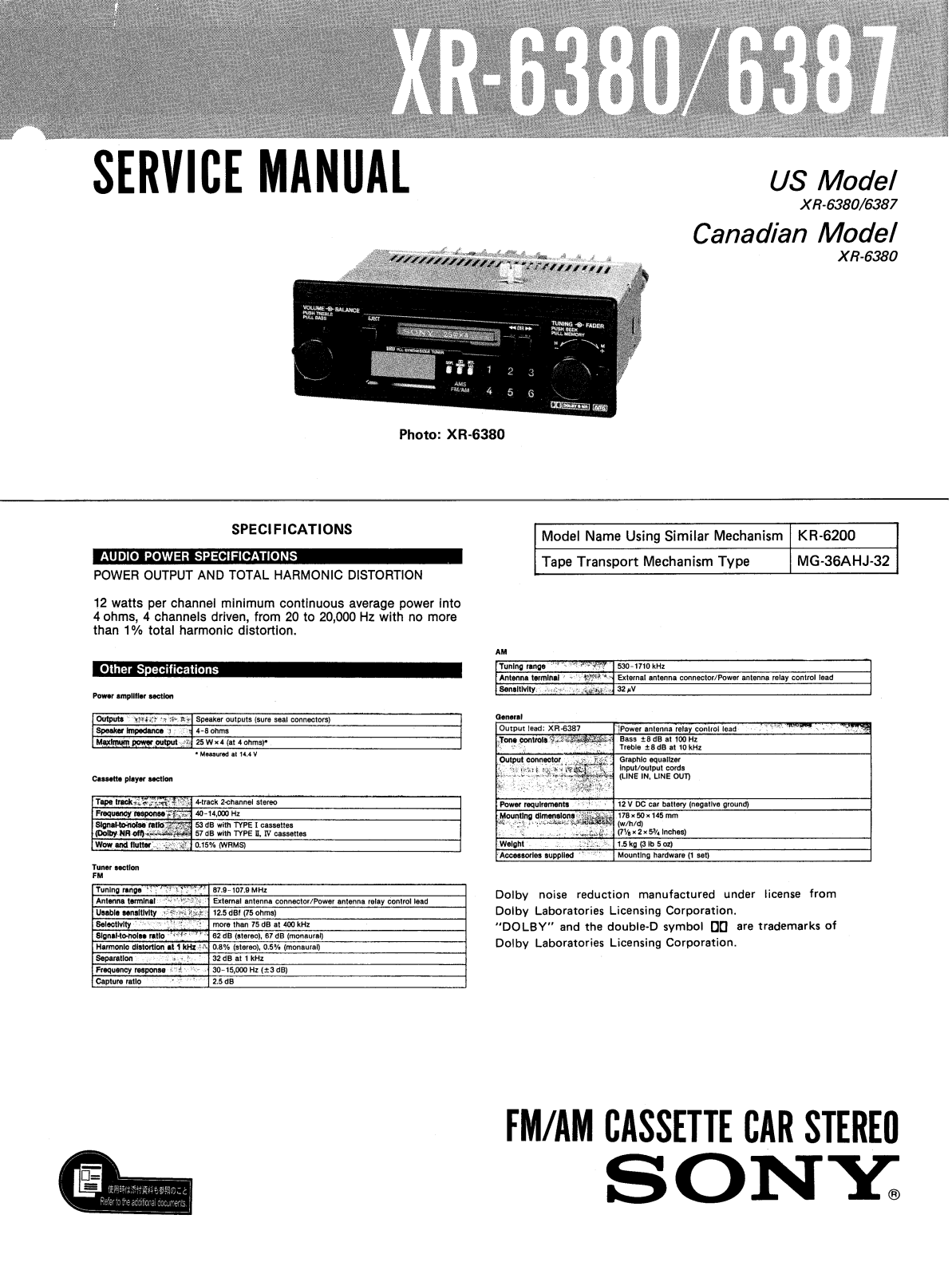 Sony XR-6380 Service manual