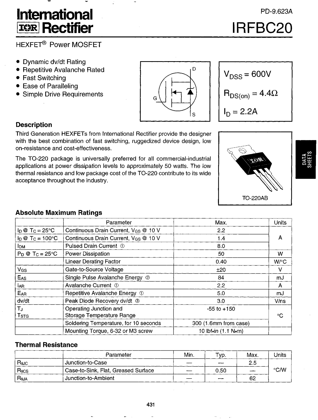 International Rectifier IRFBC20 Datasheet