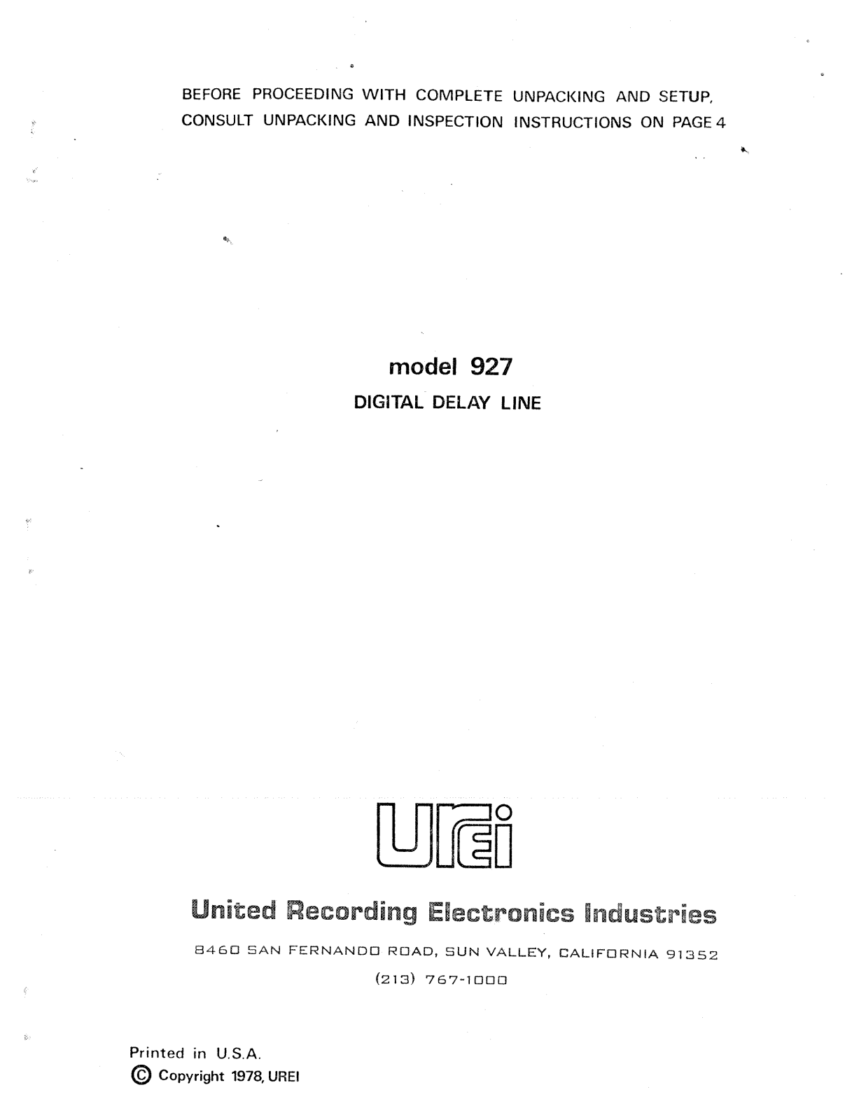 JBL UREI 927 User Manual