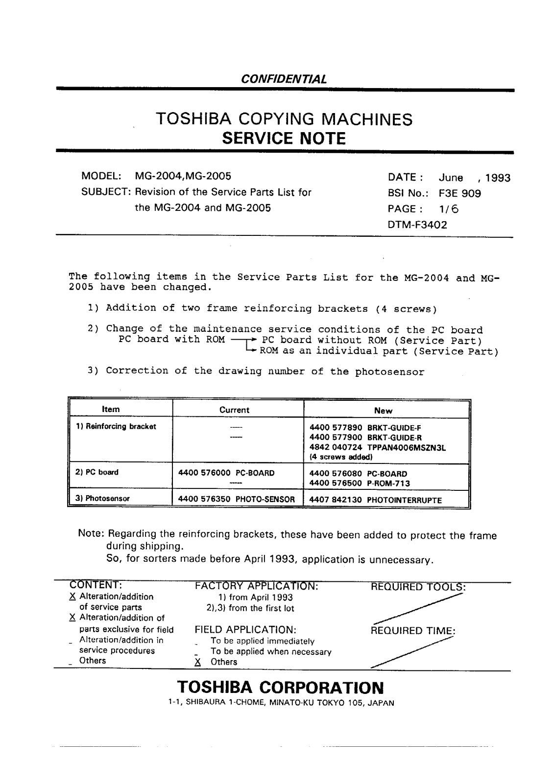 Toshiba f3e909 Service Note