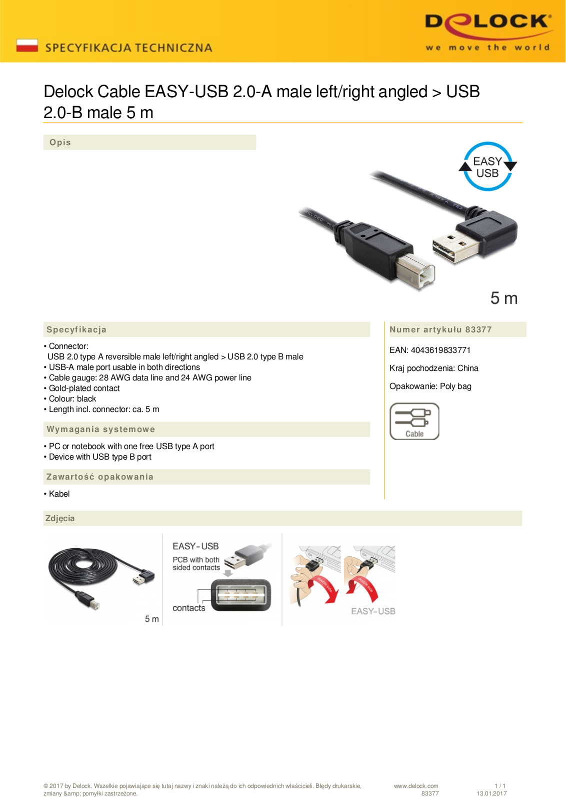 DeLOCK EASY-USB 2.0 cable, USB-A 90° horizontal angled  plug  to USB-B  plug , 5m User Manual - ManualMachine.com