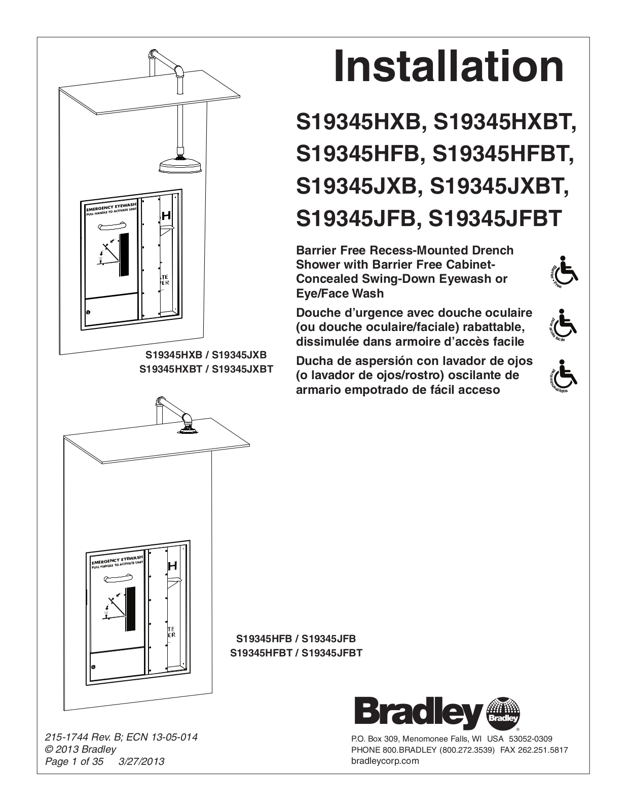 Bradley Corporation S19345HXB, S19345HXBT, S19345HFB, S19345HFBT, S19345JXB Installation Manual