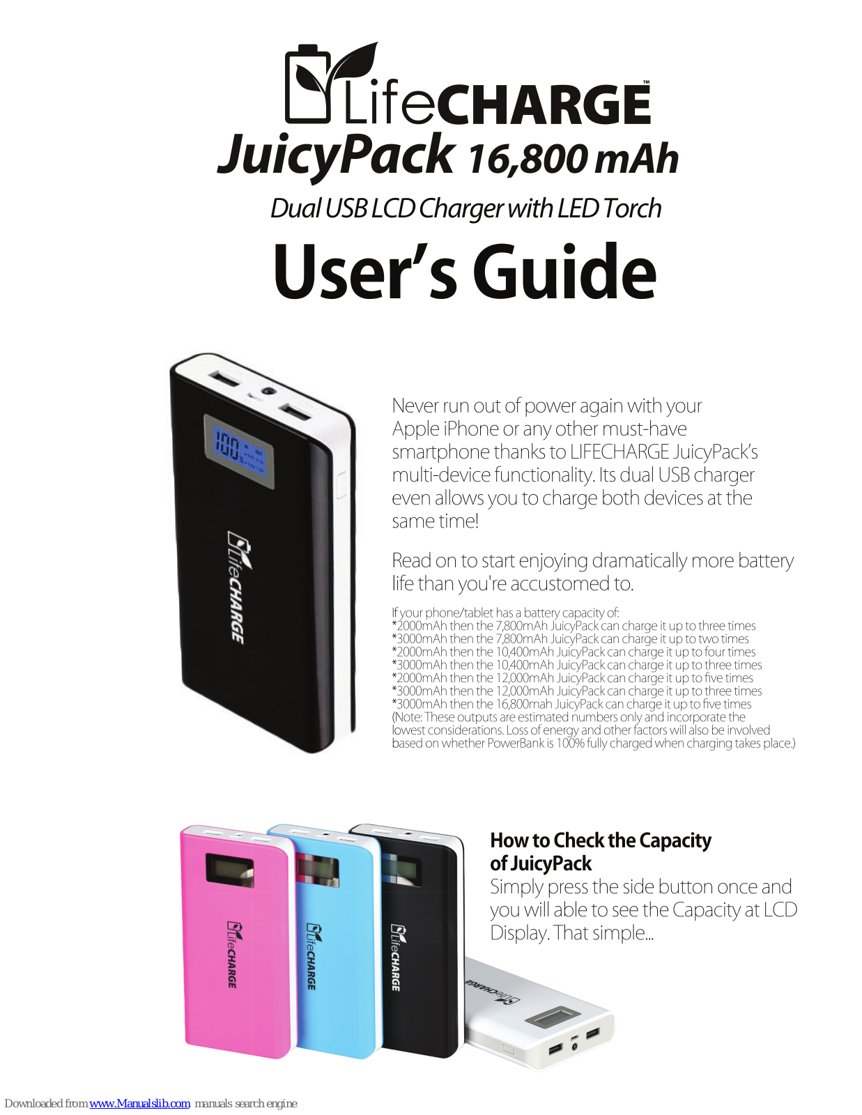 lifeCharge JuicyPack 16, 800 mAh User Manual