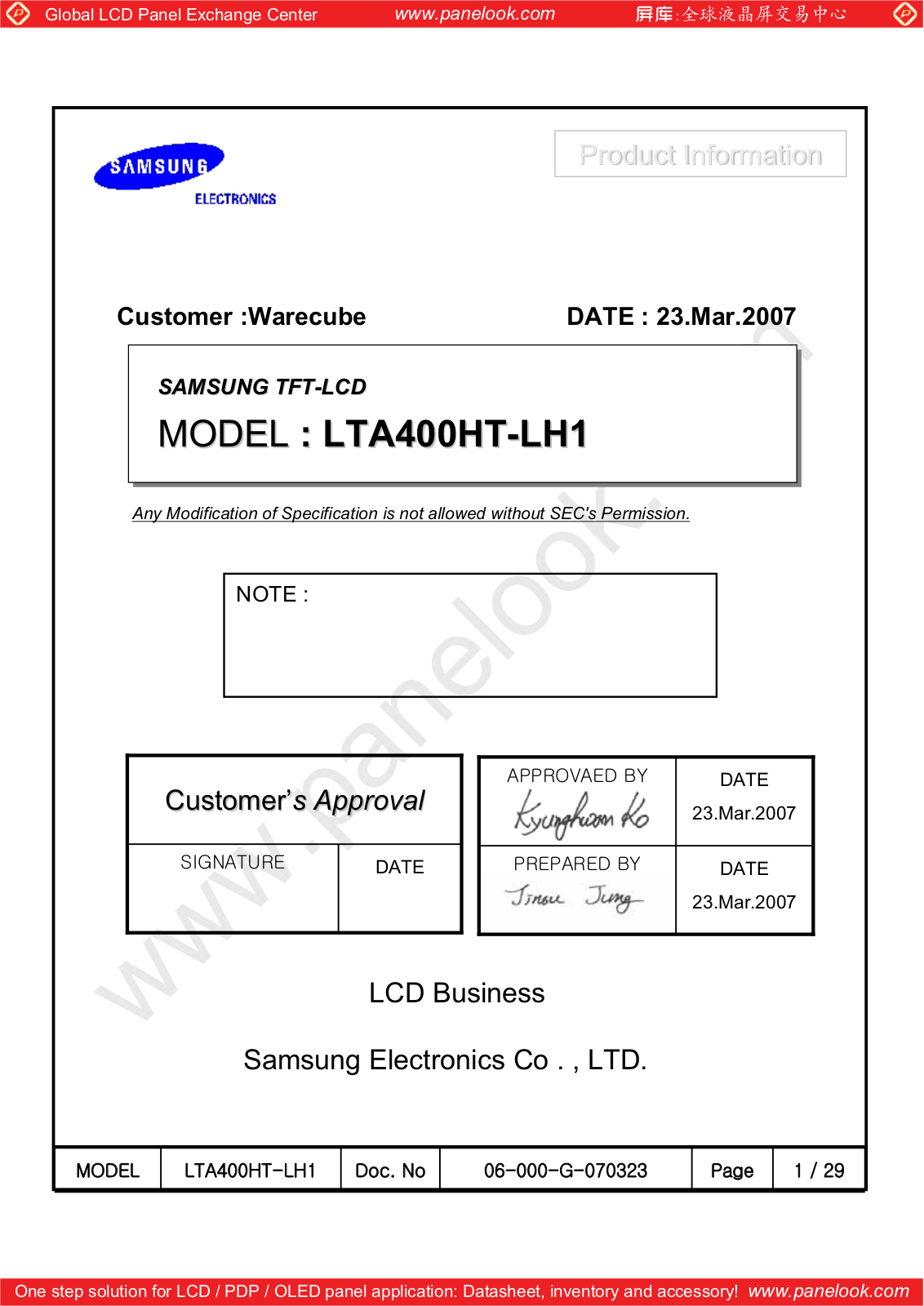 SAMSUNG LTA400HT-LH1 Specification