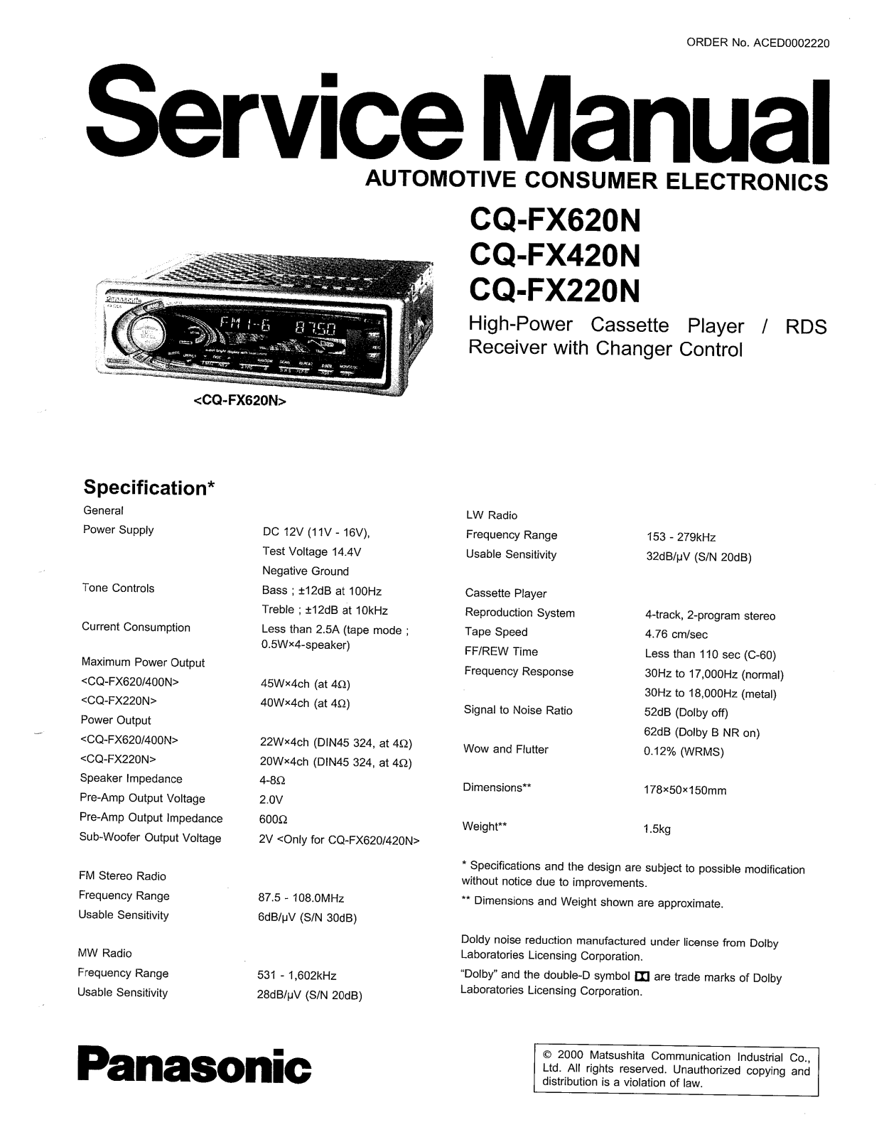 Panasonic CQFX-220-N, CQFX-420-N, CQFX-620-N Service manual