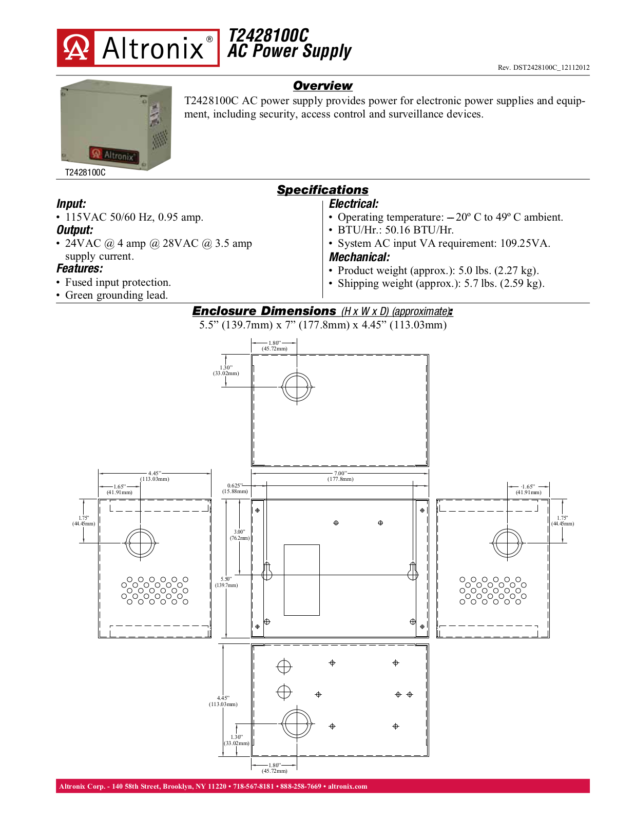 Altronix T2428100C Data Sheet