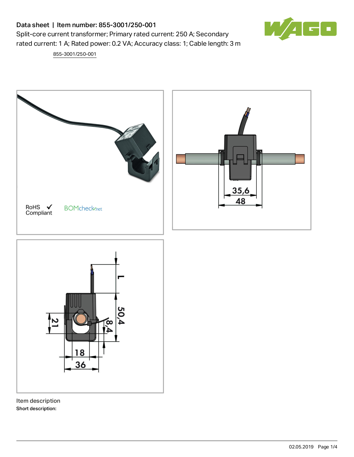 Wago 855-3001/250-001 Data Sheet