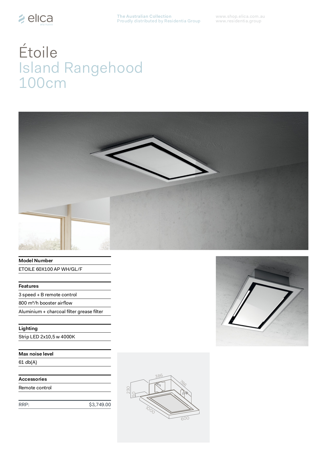 Elica ETOILE60X100APWHGLF Specifications Sheet