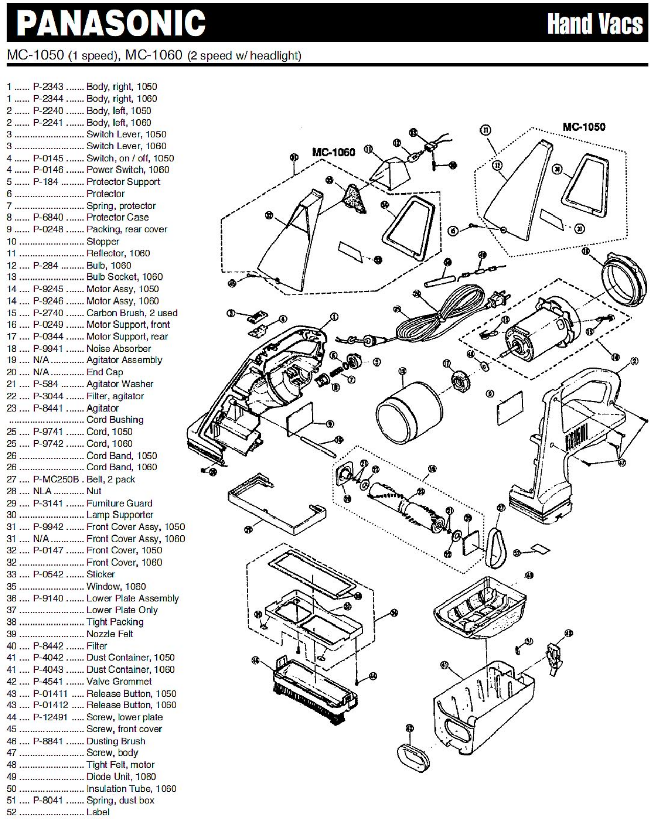 Panasonic Mc-1060 Parts List