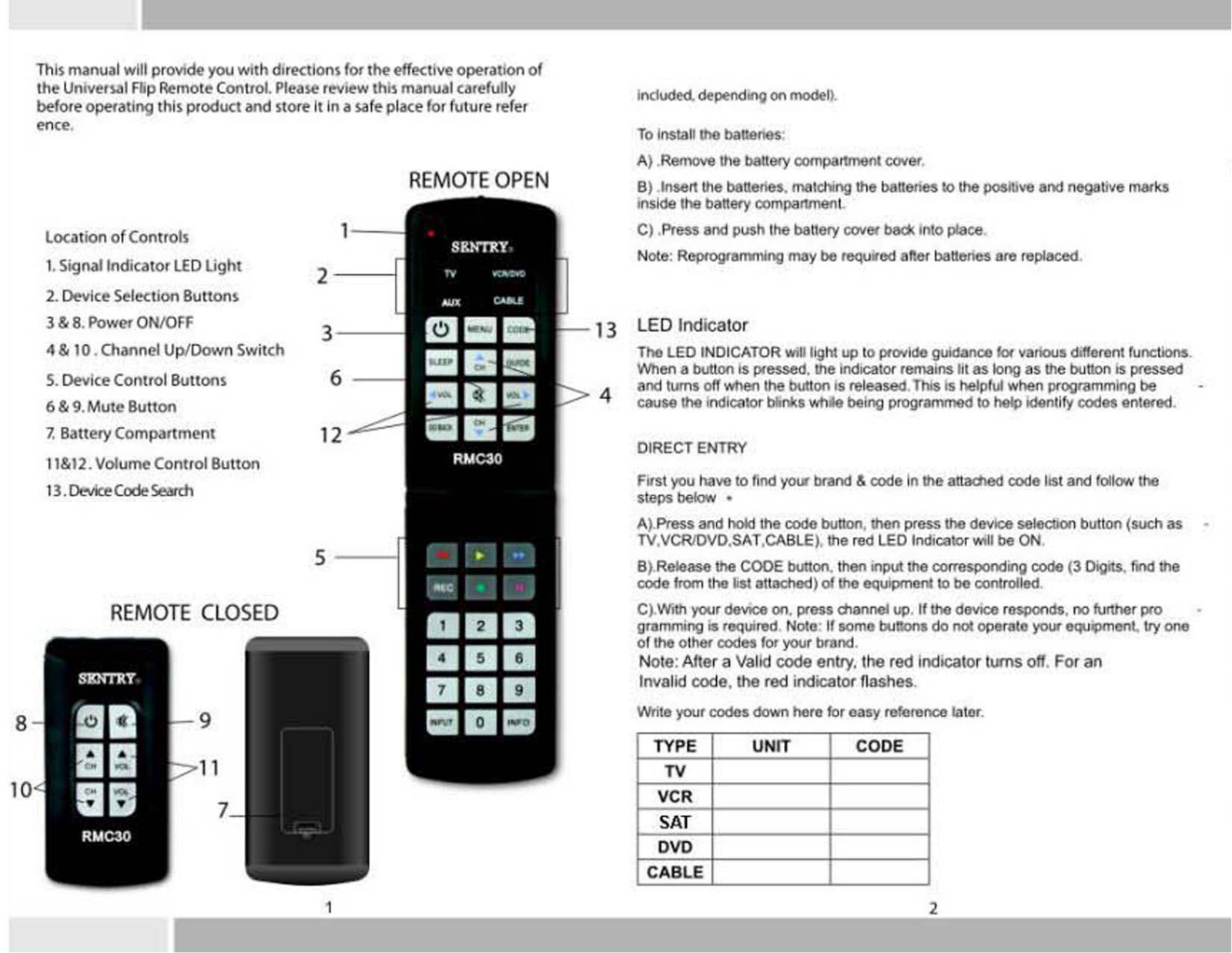 Sentry RMC30 Instruction Manual