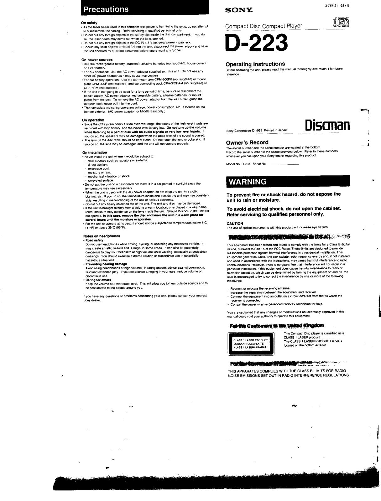 Sony D223 Operating Instructions