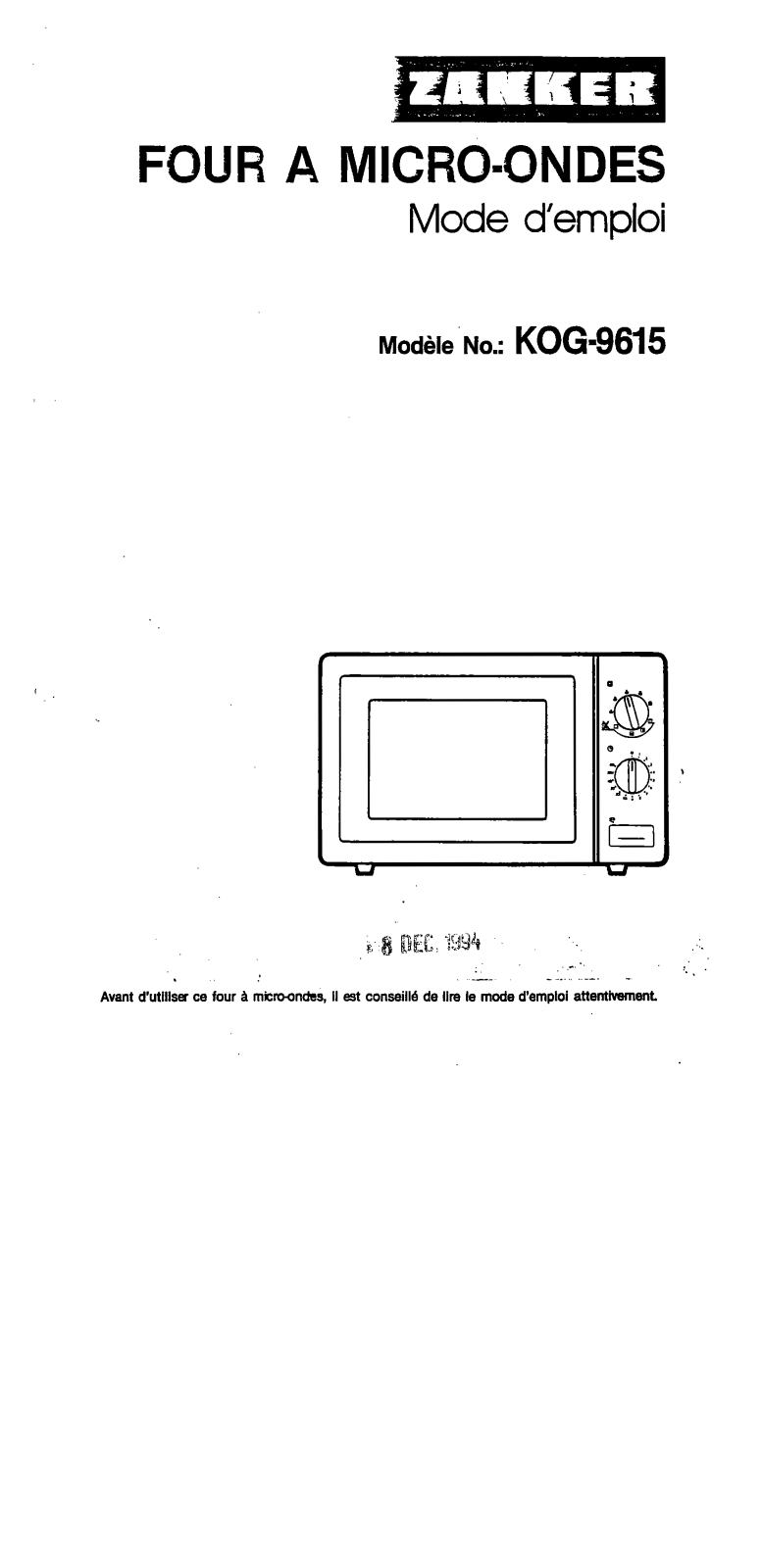 Zanker KOG9615 OPERATING INSTRUCTIONS