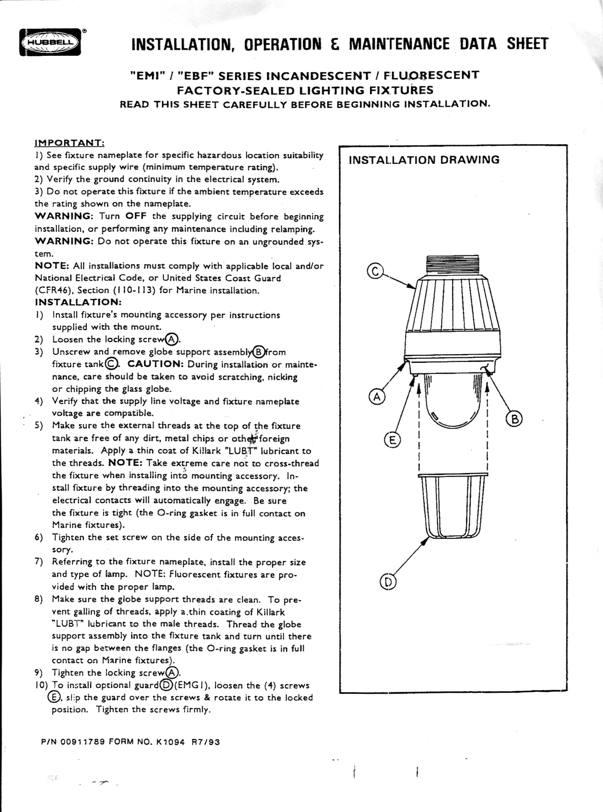 Hubbell Lighting EMI EBF User Manual