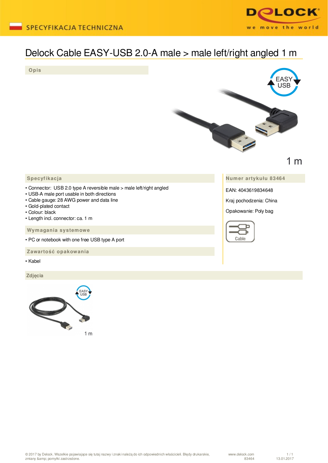 DeLOCK EASY-USB 2.0 cable, USB-A 90° horizontal angled  plug  to USB-A  plug , 1m User Manual