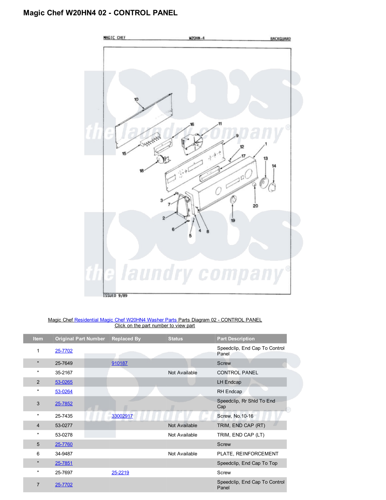 Magic Chef W20HN4 Parts Diagram