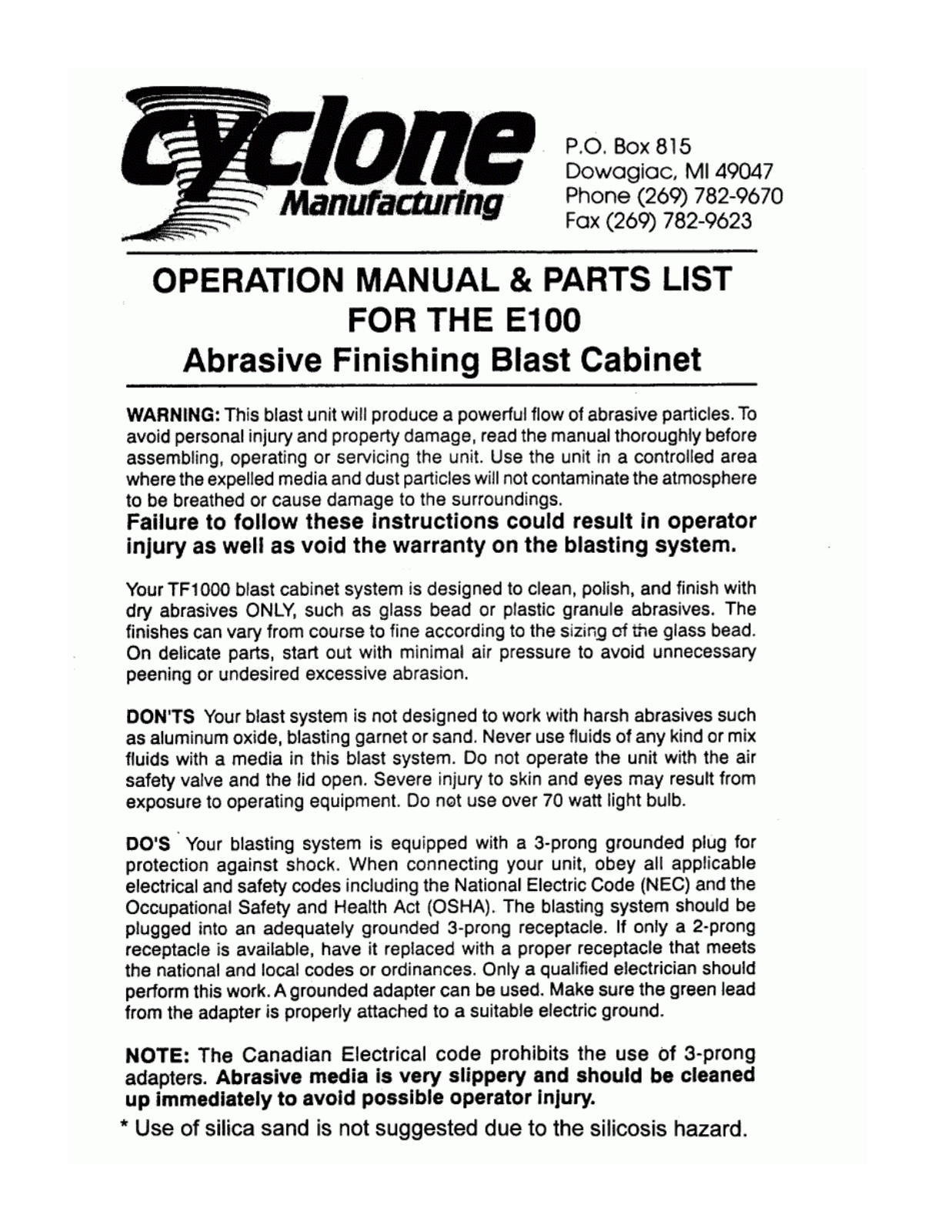 Cyclone Manufacturing E100 Owners Manual - ManualMachine.com