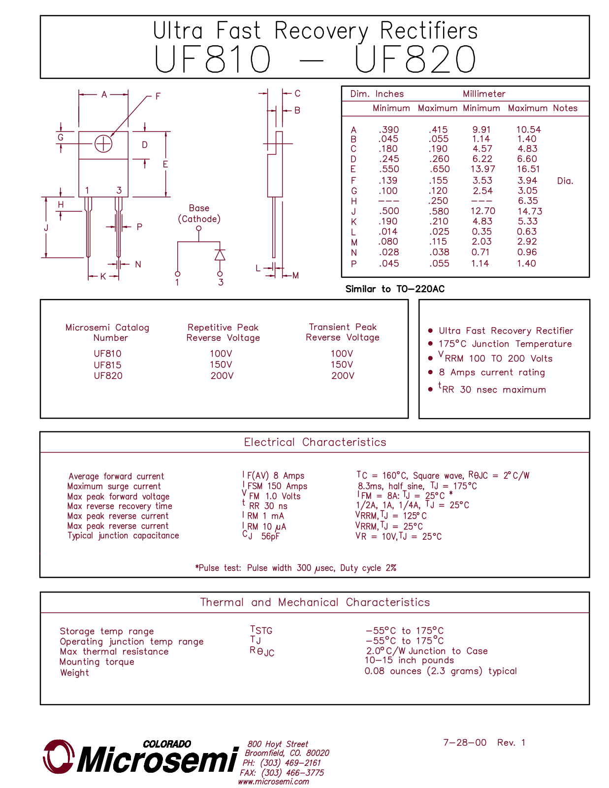 Microsemi UF820, UF815, UF810 Datasheet