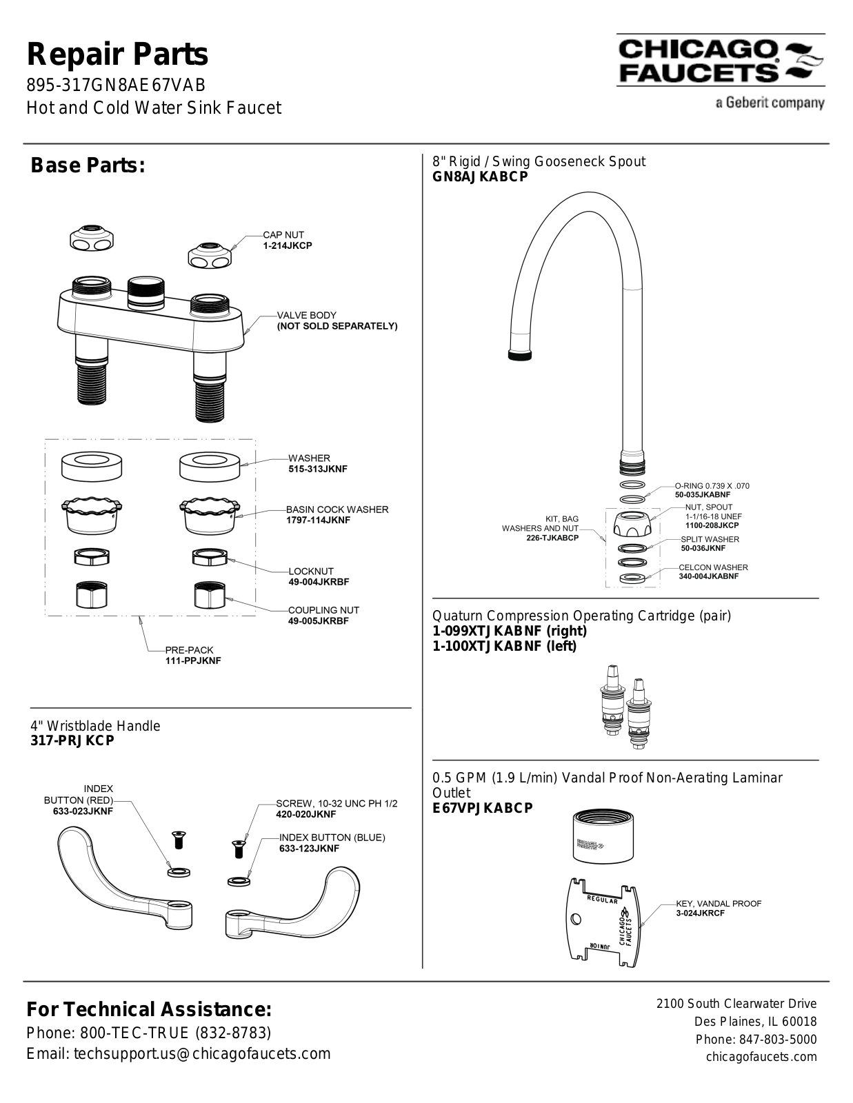 Chicago Faucet 895-317GN8AE67VAB Parts List