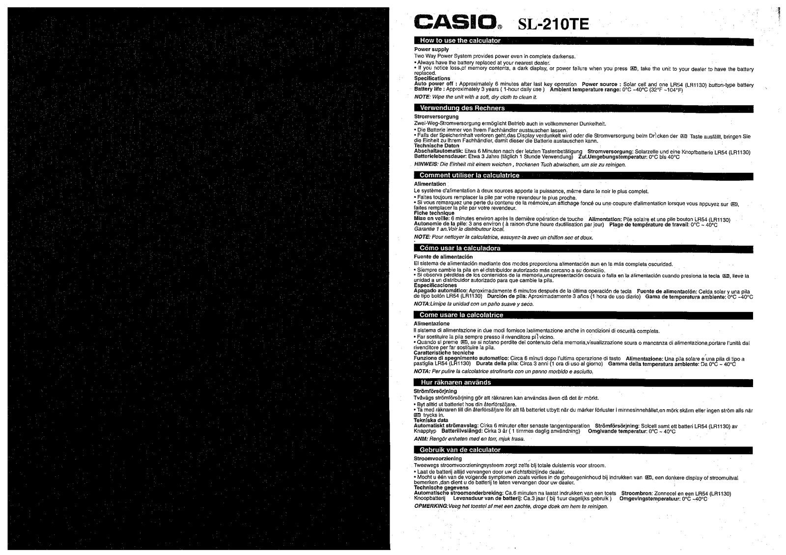 Casio SL-210TE User manual