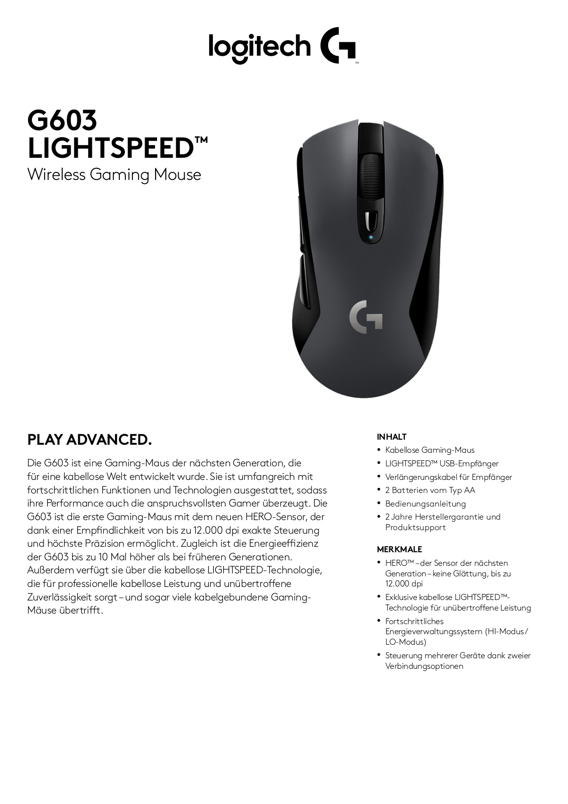 Logitech G603 Technical data