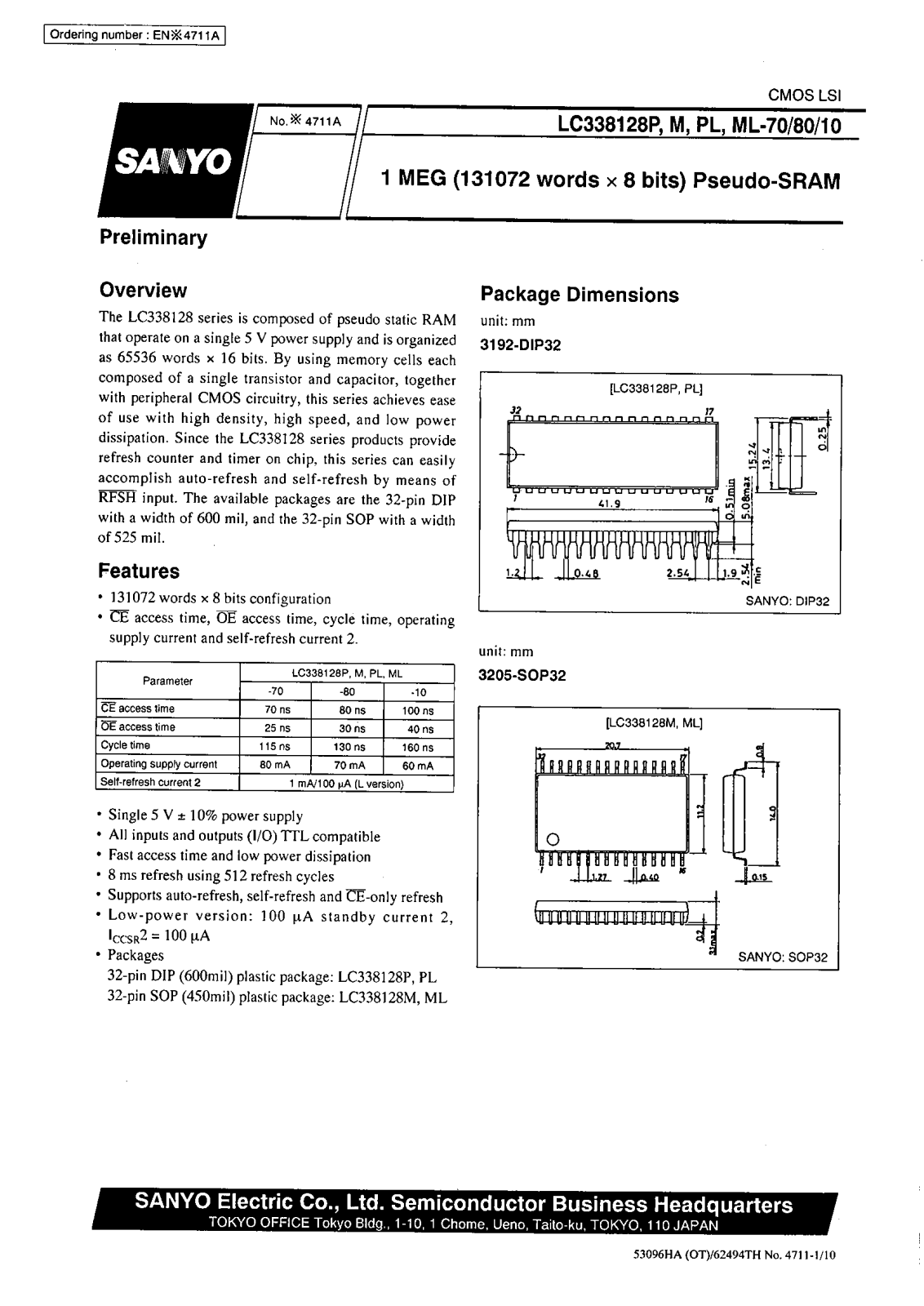 SANYO LC338128ML-10, LC338128M-80, LC338128M-70, LC338128M-10, LC338128PL-70 Datasheet